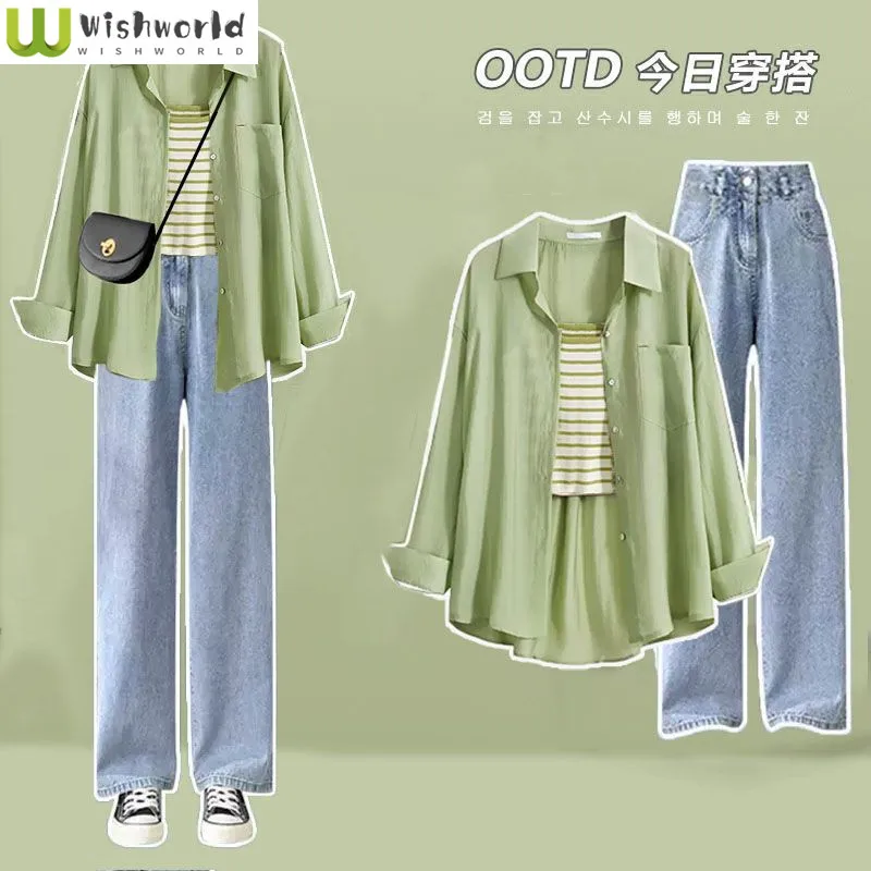 2024 Spring/Summer Set Women\'s Korean Loose Green Long Sleeved Shirt+Strap High Waist Wide Leg Jeans Three Piece Set