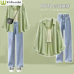 2024 Lente/Zomer Set Dames Koreaanse Losse Groene Lange Mouwen Shirt Met Hoge Taille Wijde Pijpen Driedelige Jeans