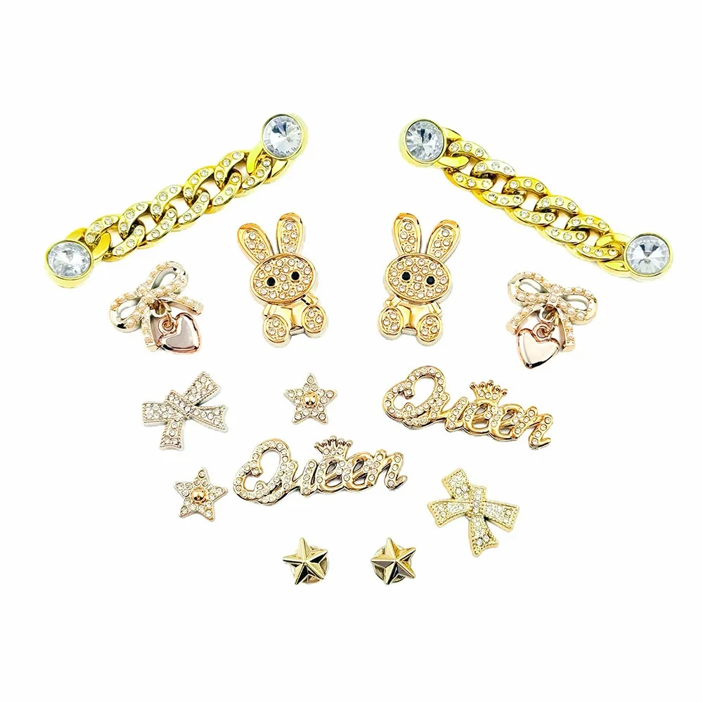 

14 шт., набор подвесок для обуви, аксессуары для сандалий, сабо, пряжка для обуви, золотой кролик, бант, бриллиантовая цепочка, украшения для обуви «сделай сам», подарок