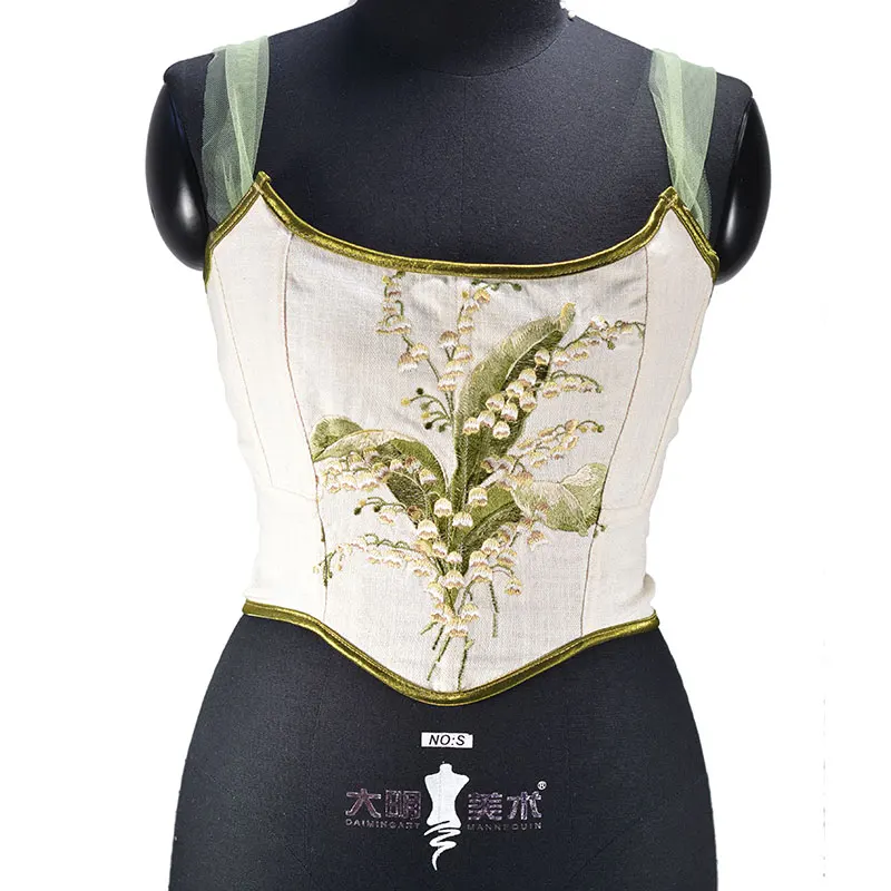 

Women Corselet Lily Of The Valley Embroidered Back Strap Retro Corset Vest Elegant Overbust Bustier Lace Up Tank Top