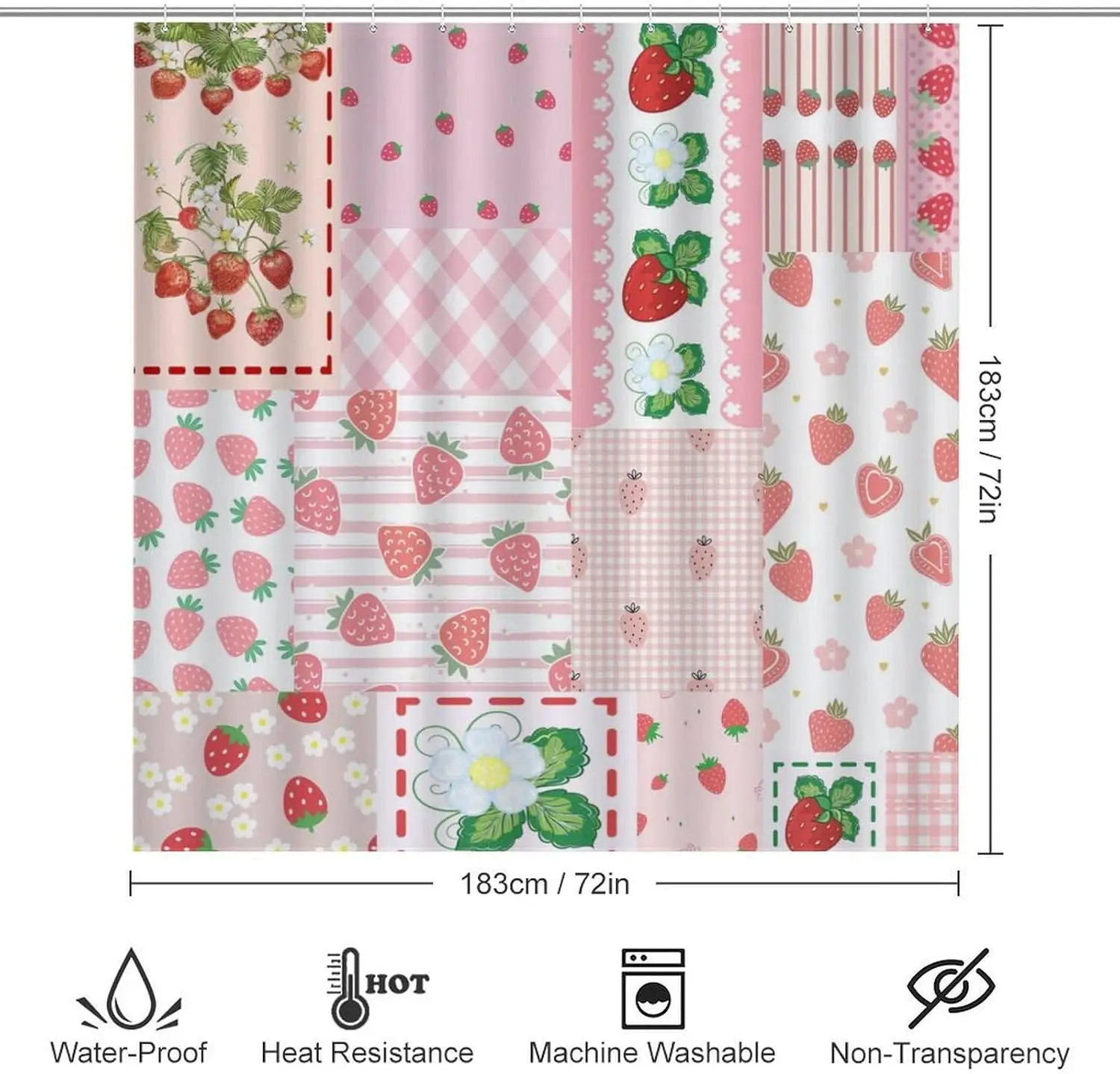 Strawberry 4Pcs Waterproof Shower Curtain Set,Watercolor Spring Garden Florals Tropical Fruit Strawberry with Waterproof Toilet