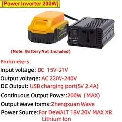 Adattatore per presa inverter di potenza portatile da 200 W per batteria DeWALT 18 V 20 Max XR DC 15-20 V a AC 220 V alimentato con USB per UK EU AU