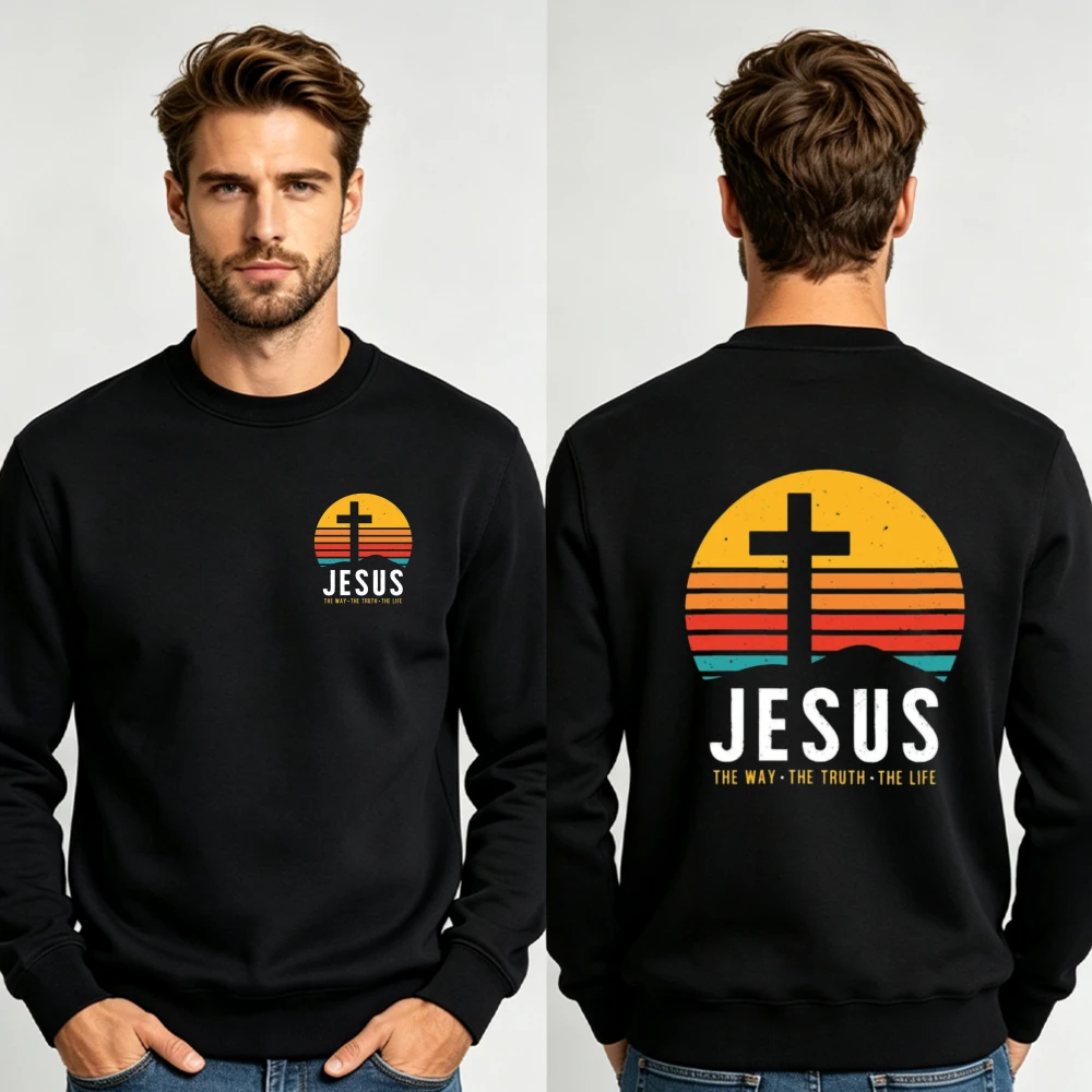 Men Sunset Cross Jesus Double Sided Print Crewneck Sweatshirt The Way The Truth The Life Christian Verse Pullover Sweatshirt Top