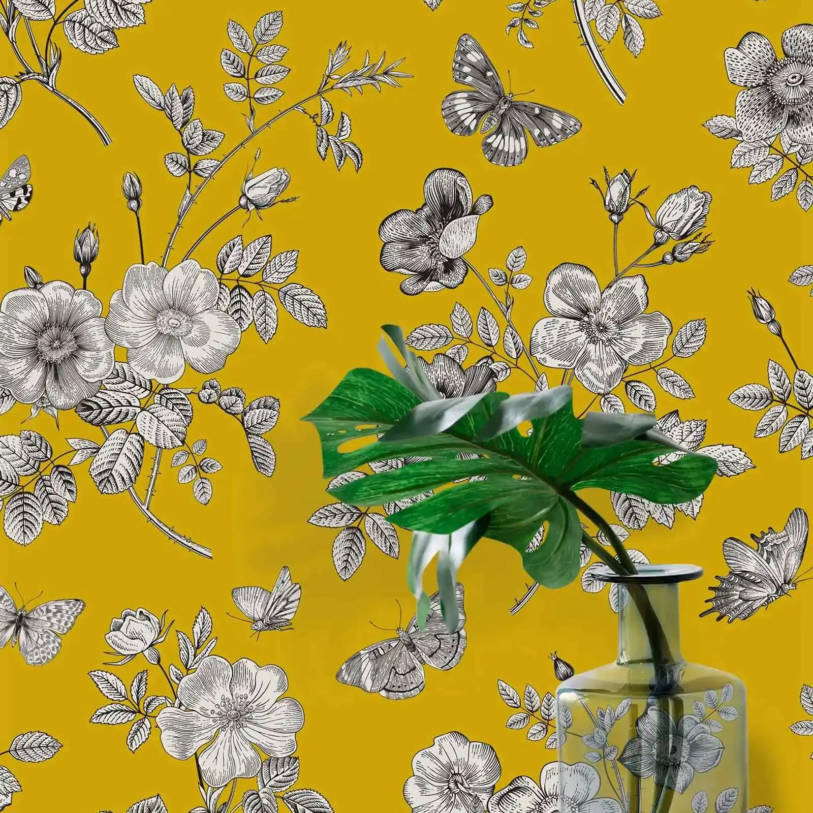 Hand Drawn Flowers Wallpaper Self-adhesive, Vintage Yellow Florals Wall Mural For Home Decoration,Peel and Stick Or Traditional