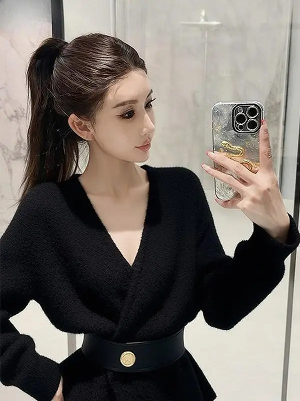 

Женский модный зимний вязаный свитер с V-образным вырезом и эффектом похудения, приталенный, премиум-класса, размер S