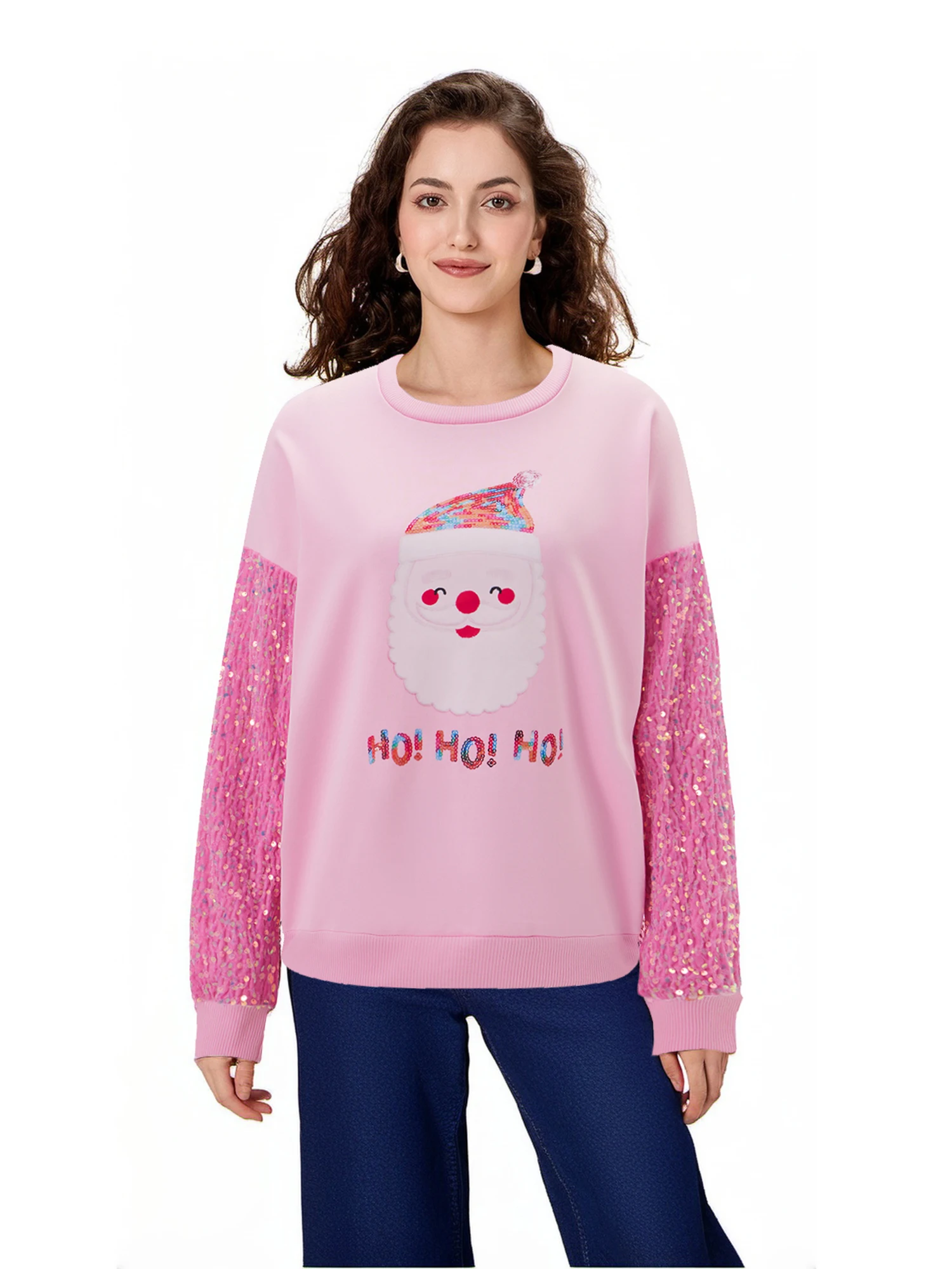 Felpa natalizia da donna con paillettes, stampa di lettere di Babbo Natale, girocollo, maniche lunghe, pullover, top streetwear