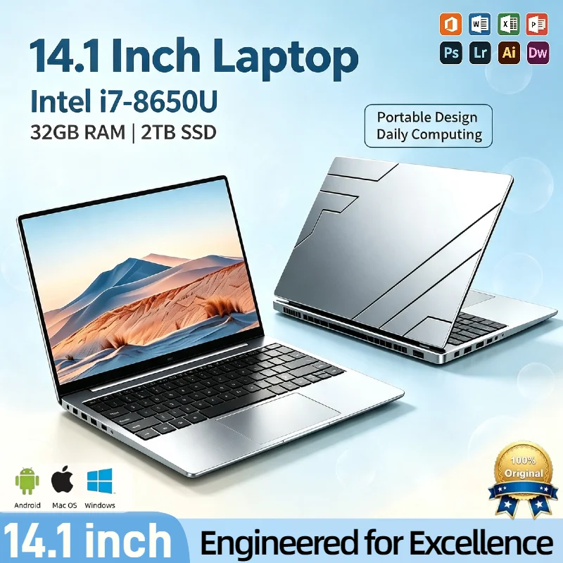14.1 Inch Gaming Laptop i7 8650U 32GB RAM 2TB SSD 1920x1080 Ultra Slim Notebook 4C8T 4.2GHz Office Study PC Pro Max Core Speed
