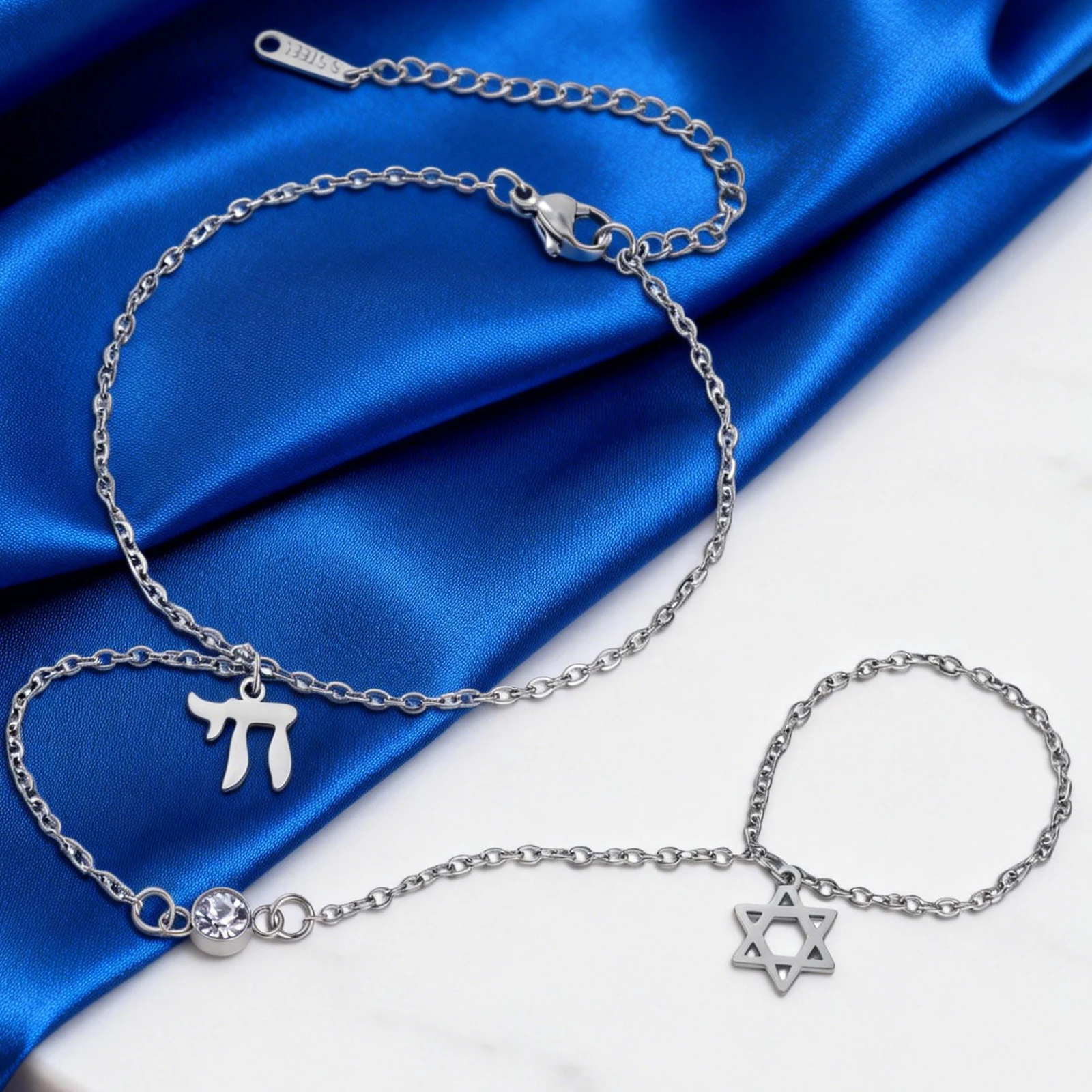 Jewish Star of David Hebrew Letter Chai Finger Bracelet Stainless Steel Adjustable Hexagram Zircon Bracelets Amulet Jewelry