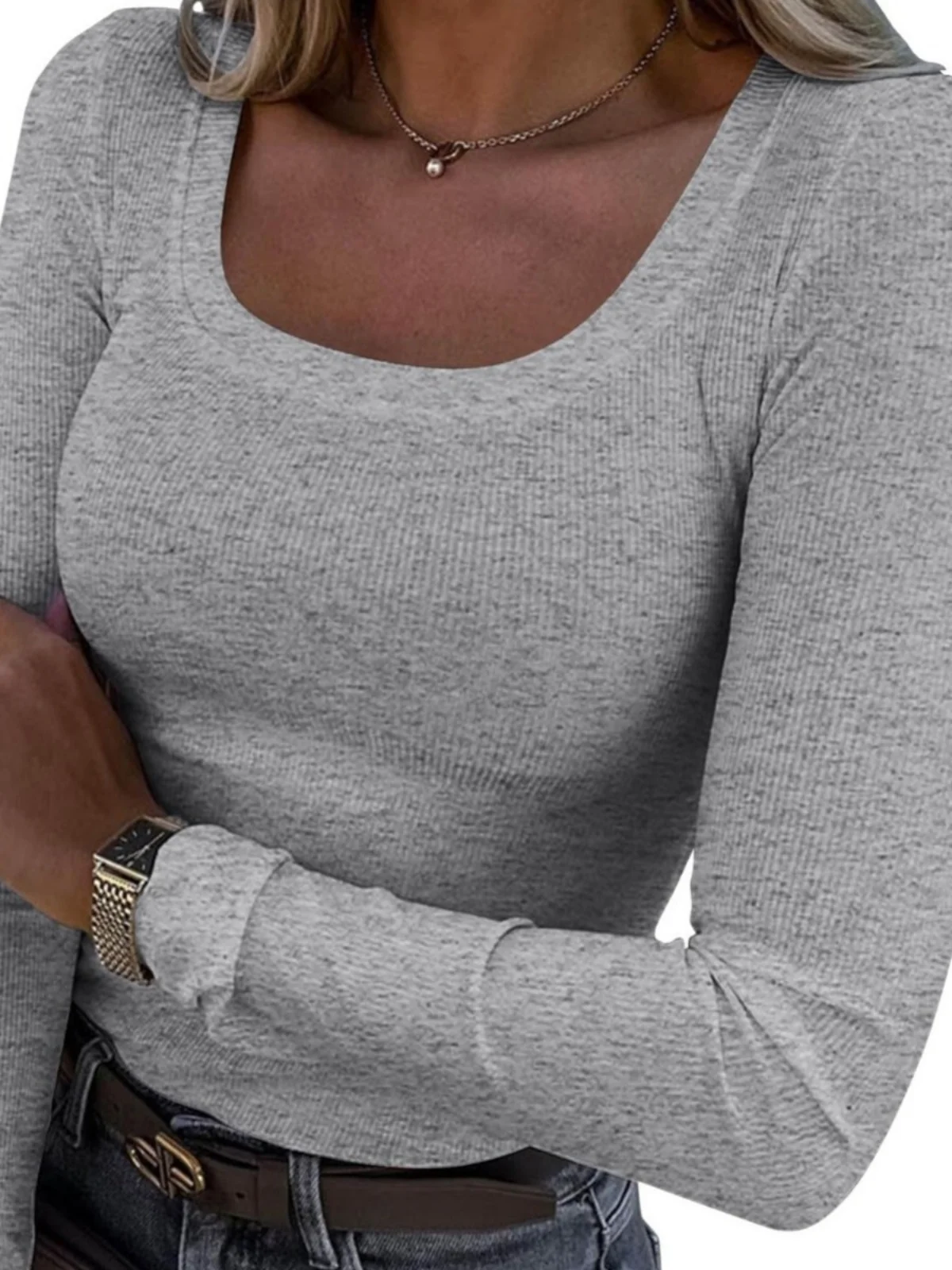 섹시한 슬림핏 긴팔 컬러 티셔츠 스퀘어 넥 폴리에스터 캐주얼 슬리 여성용 봄 여름 상의