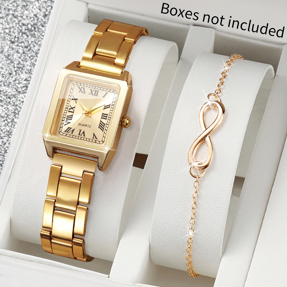 2PCS Elegant Rectangle Women Watch Bracelet Set Fashion Roma Dial Ladies Quartz Wristwatches Reloj Mujer (Without Box)
