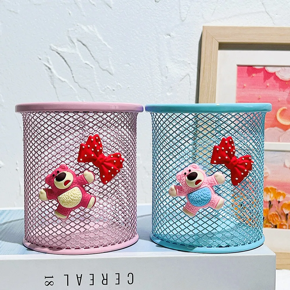 

Mesh pen holder with plush bear and bow design - pink and blue, suitable for cute stationery organizers for stationery enthusias