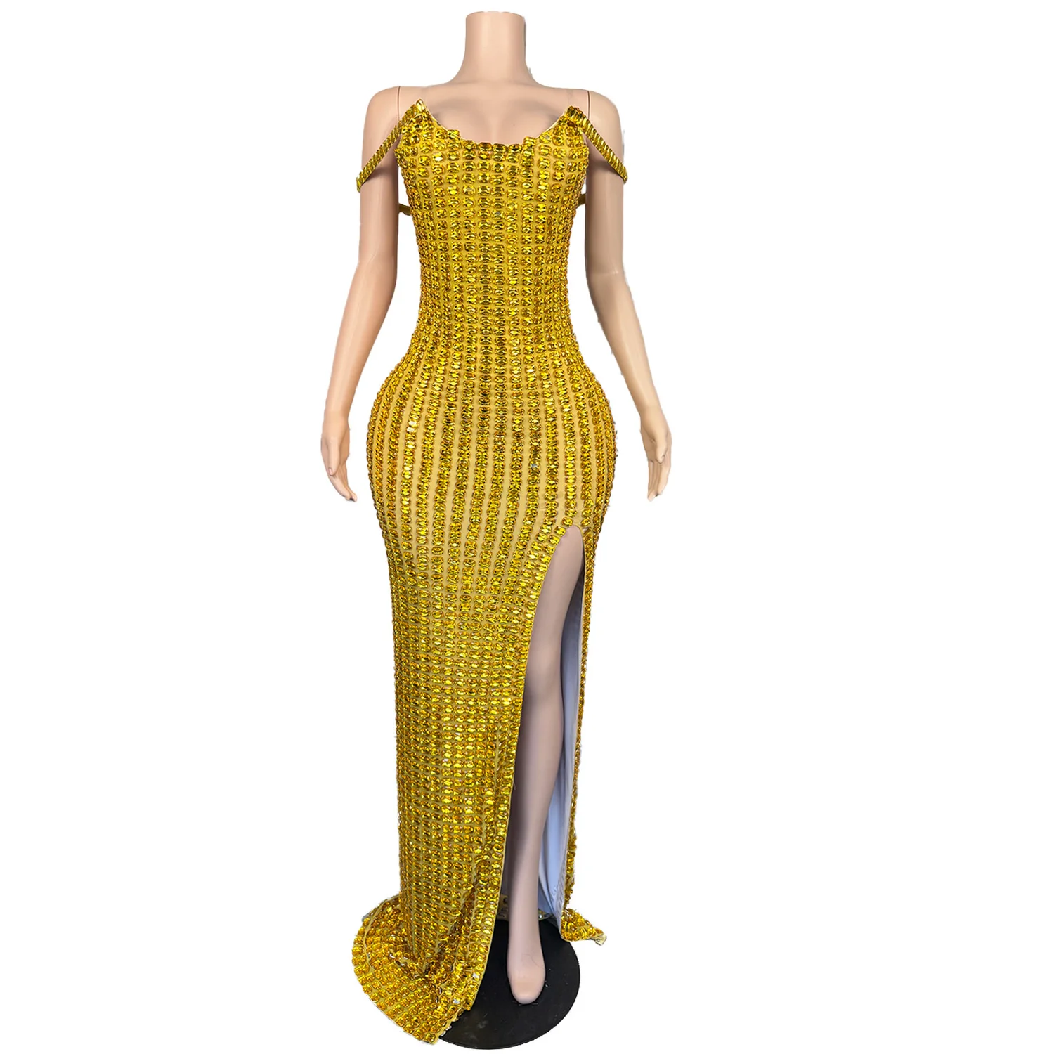 ชุดราตรีเกาะอกประดับคริสตัลสีทองระยิบระยับสำหรับผู้หญิง งานพิธีกร งานเดินแบบบนพื้นที่แสดงบนเวที งานเลี้ยง งานกาล่าดินเนอร์ kaijia