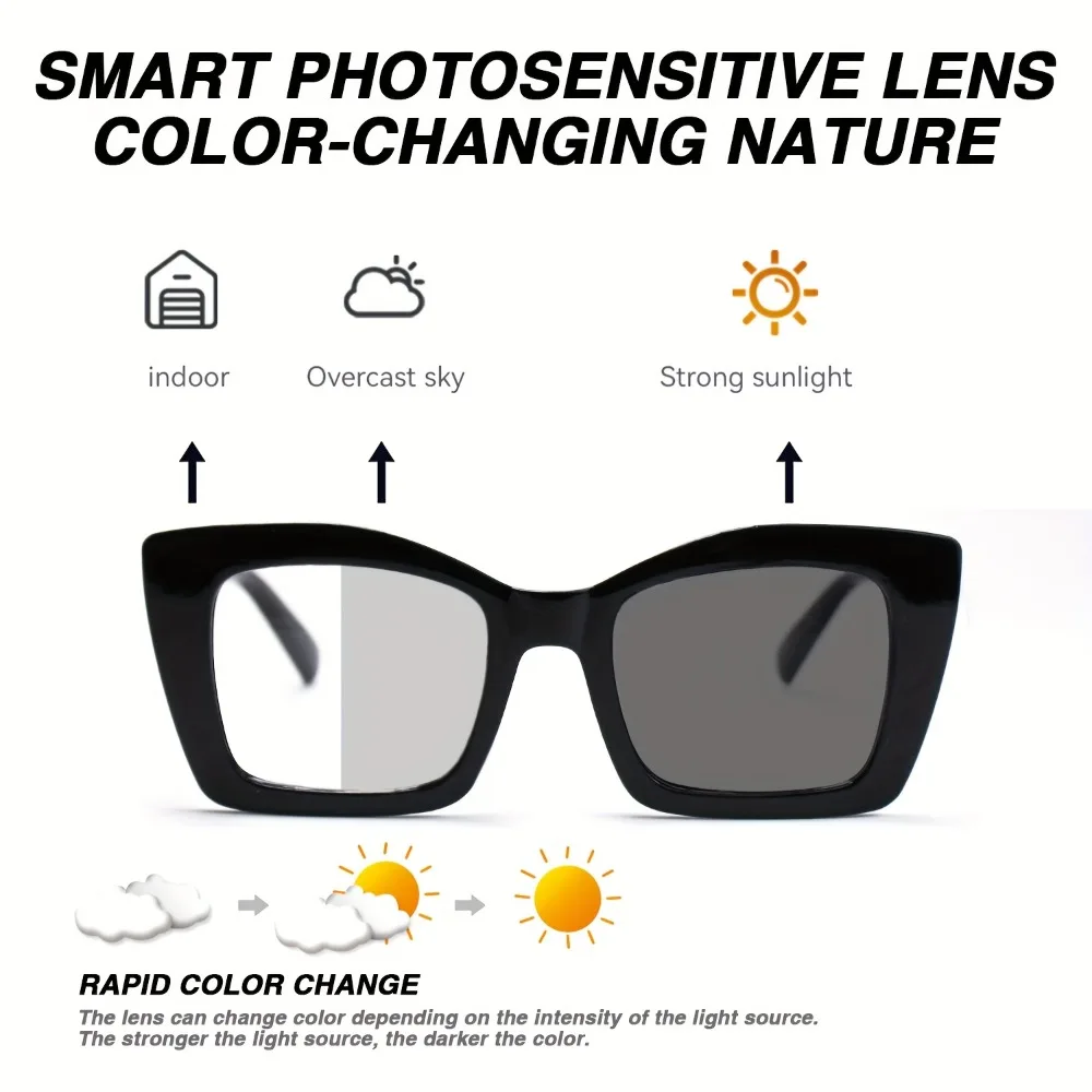 4 pieces of retro square reading glasses - photochromic lenses are automatically colored, metal hinges, unisex, visual support, fashion frame, Christmas and Halloween gift recommendation, random color