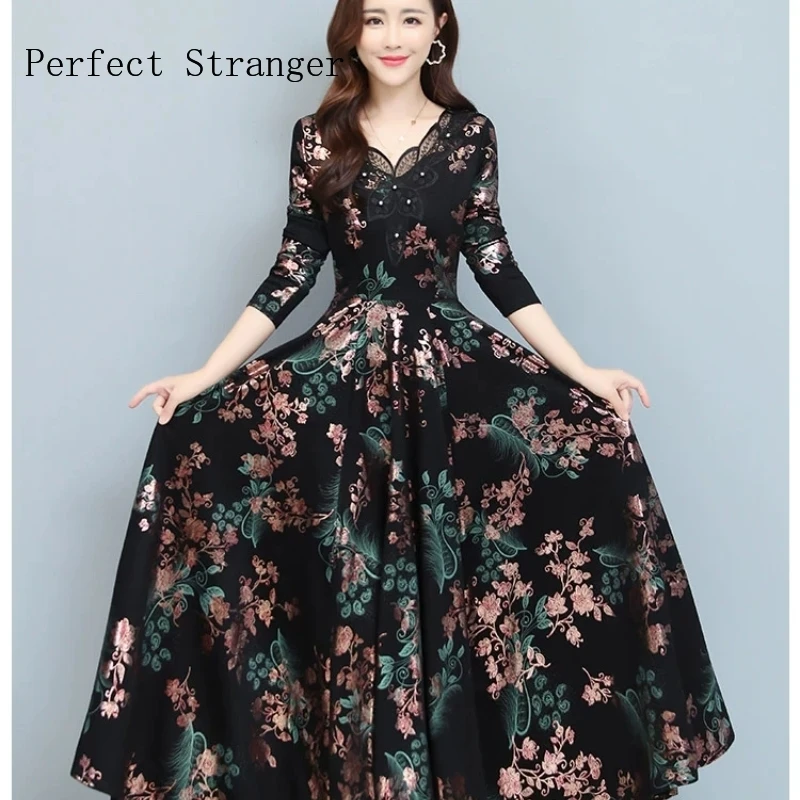 2024 Spring  Autumn New Arrival High Quality Hot Sale V Collar Lacing Flower Printed Long Sleeve Women Long Dress