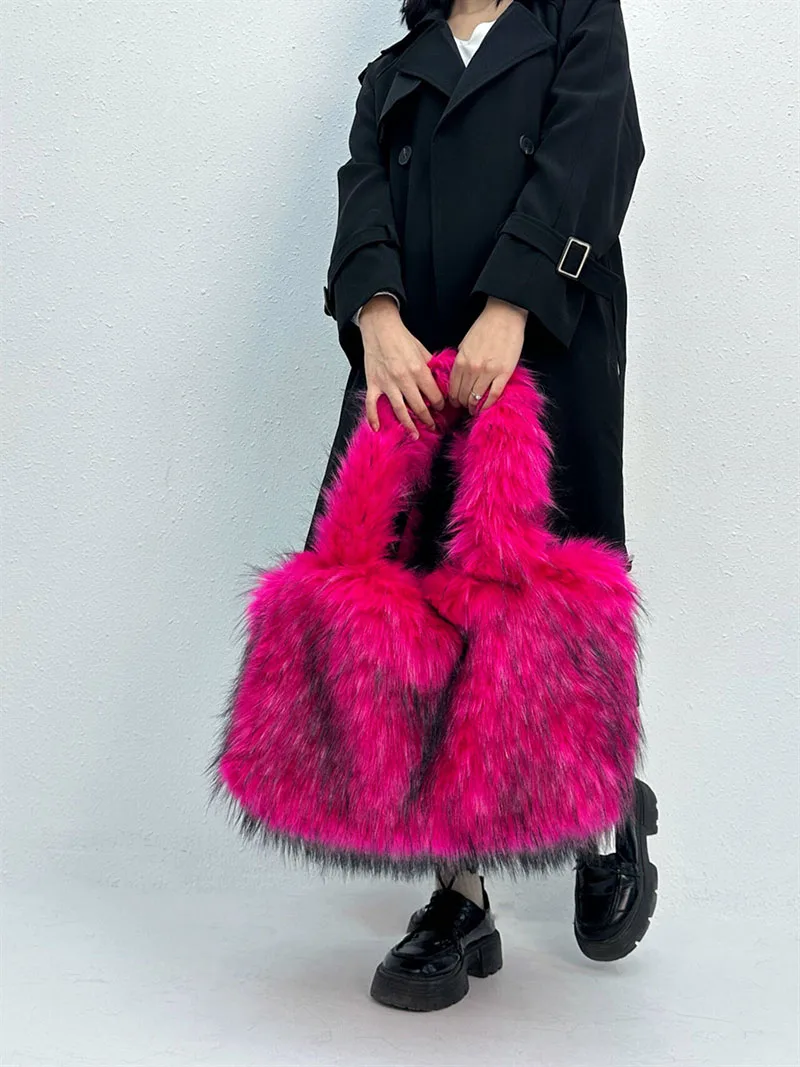 Luxury Faux Mink Fur Bags for Women Fluffy Soft Shoulder Bag Handbags Candy Color Plush Tote Large Capacity Shopper Purses New