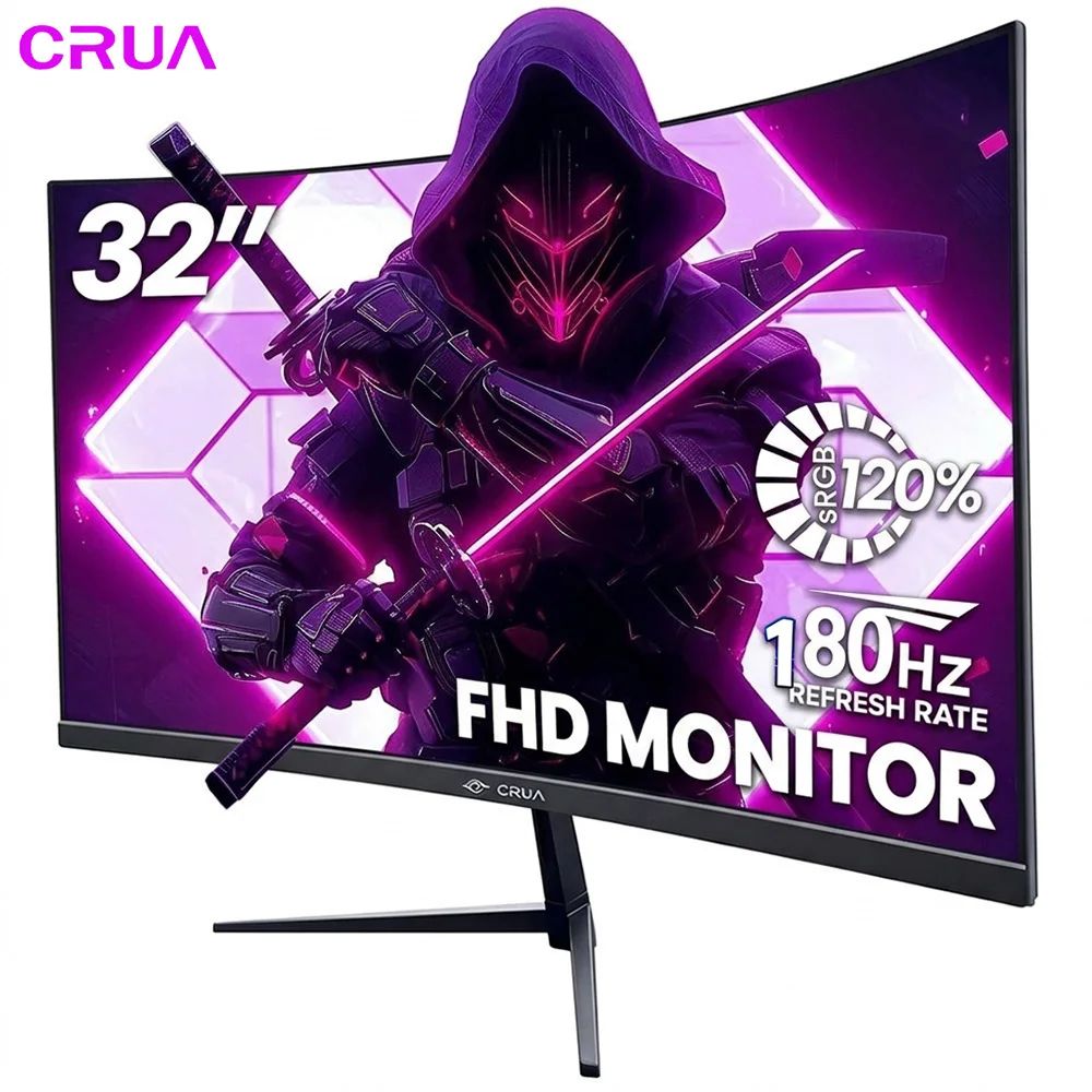 CRUA 32 Zoll Curved Gaming Monitor, FHD (1920 * 1080P) VA-Bildschirm 180Hz, 1500R VA-Bildschirm, 120% SRGB, Computermonitor mit AMD FreeSync, HDMI, DP, wandmontierbar, 32 Zoll Monitor für Büro und