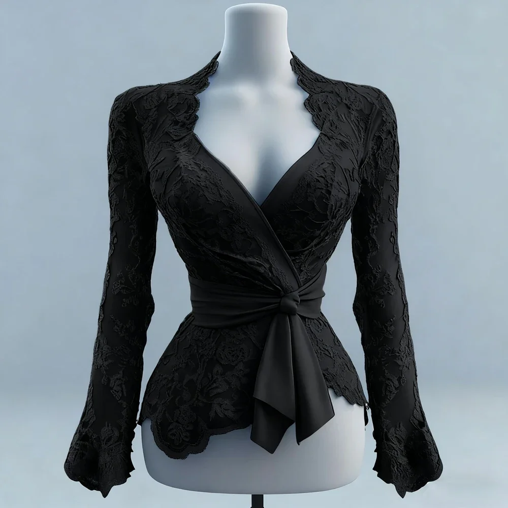 

Sexy Women Mesh Lace T-Shirts Long Sleeve Tops Transparent Casual Sheer Basic Tie Front Shirt Blouses for Club Aesthetic Clothes