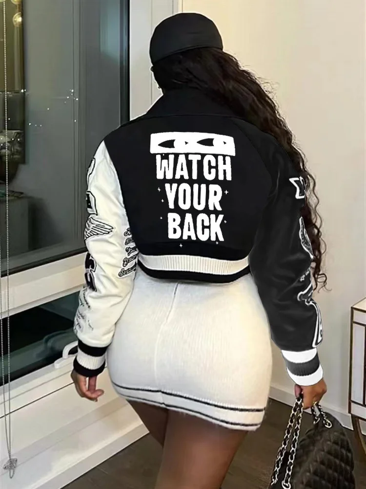 Fashion Baseball Buttons Fall Jackets For Women 2023 Crop Tops Jackets Coats Varsity Bomber Long Sleeve Print Green Black Jacket