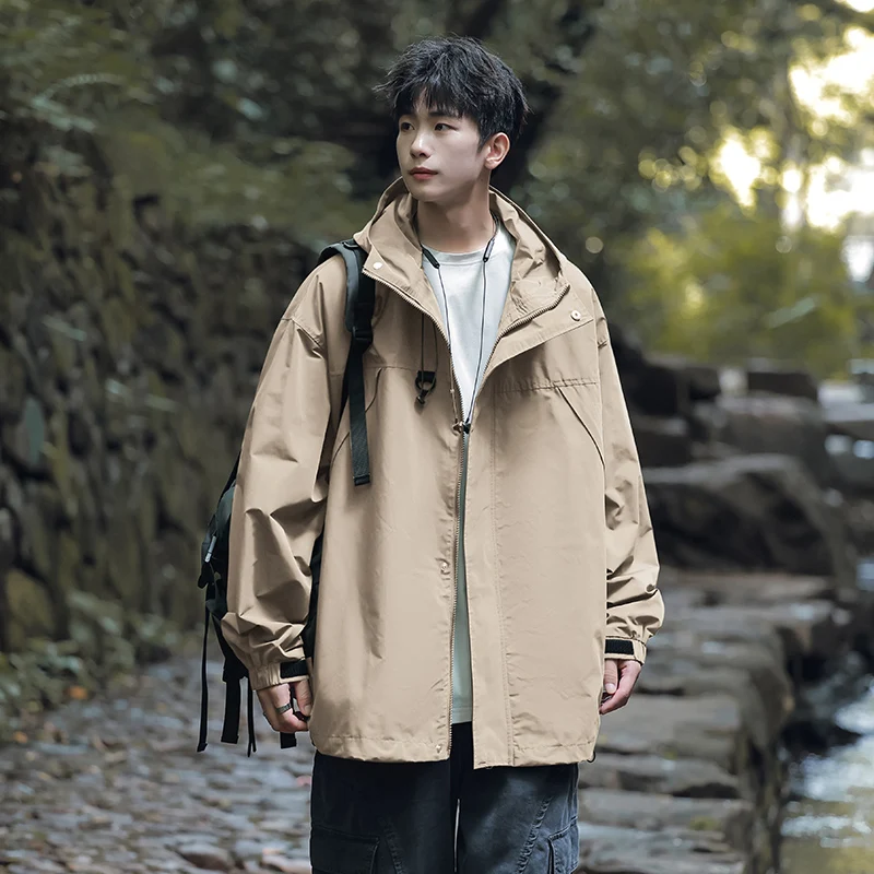 

Spring Autumn Men's Hooded Jaet Outdoor Casual Workwear Windproof Long Sve Zipper Decorated Regular Fit Youth Faion