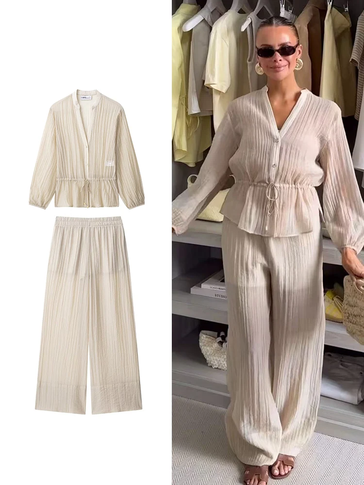 

TFMLN Women Fashion Folds Pant 2 Pieces Sets Chic Long Sleeve V-neck Shirts Vintage Elastic Waist Trousers Lady See Though Set