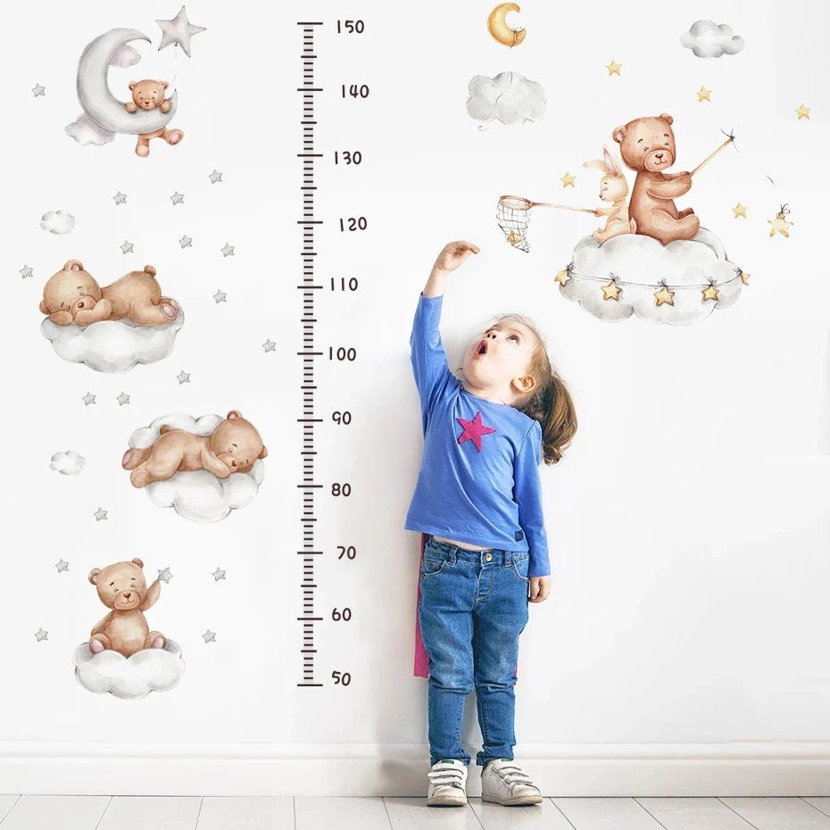 Cute Bear Wall Sticker for Children Girls Boys Baby Room Decoration Kawaii Height Measure Growth Chart Wallpaper Cloud Moon Star