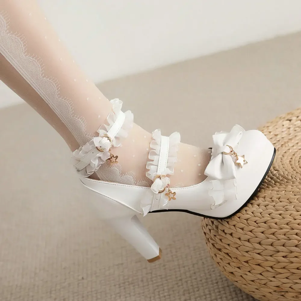 Lolita Style Lace Trimmed Purple High Heels with Sparkling Star Pendant, Round Toe PU Leather Princess Cosplay Shoes Size 33-45
