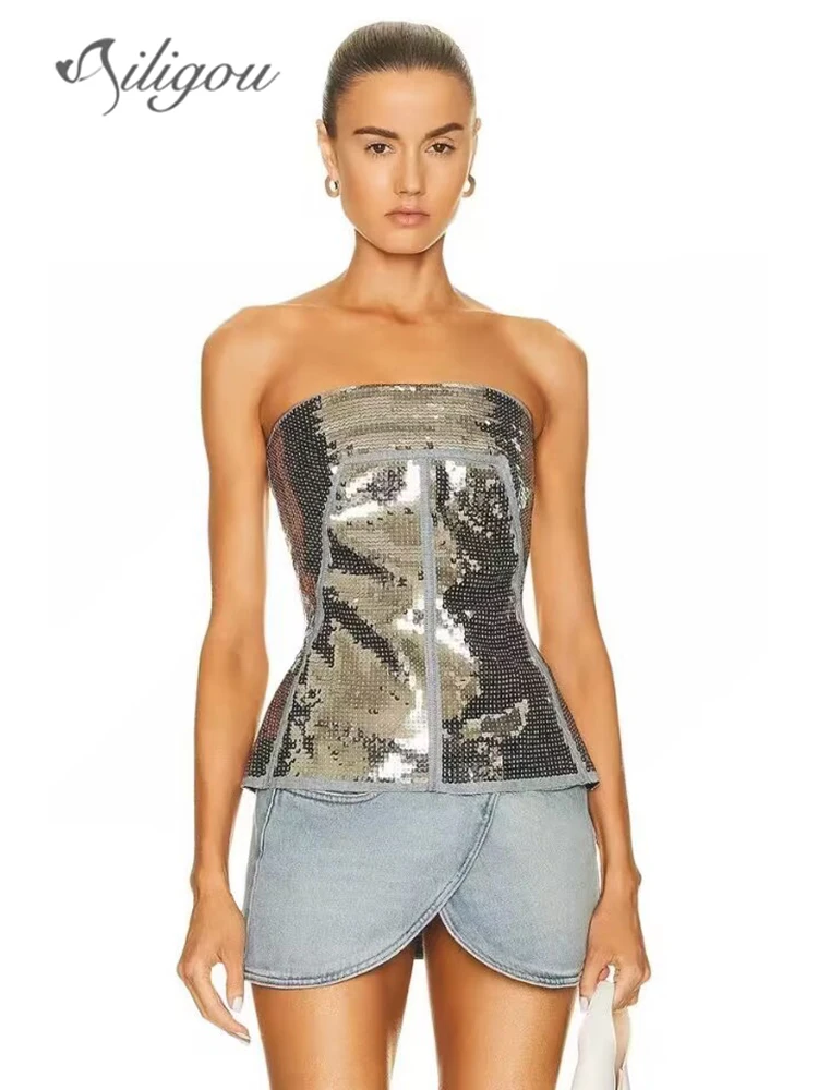 Ailigou 2023 New Summer Women's Party Silver Sleeveless Off Shoulder Stage Club Tank Top Sexy Strapless Sequin Denim Short Top