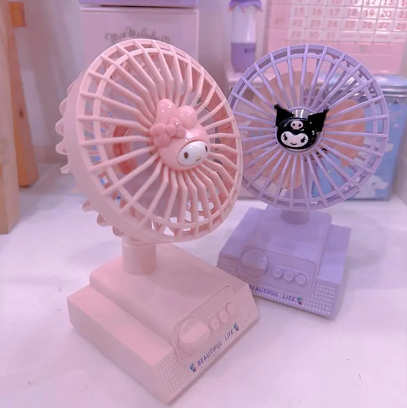 Kawaii My Melody Hello Kittys Sanrios Cute Cartoon Retro Desktop Small Fan Three-Speed Wind Bedroom Kuromi Cinnamoroll Small Fan