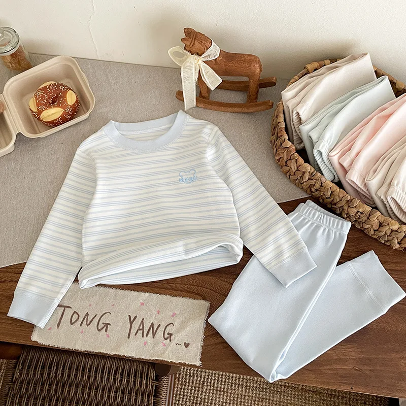 

Children's Long Pure Cotton Boneless Comfortable Velvet Autumn and Winter Boys and Girls Pajamas Homewear Underwear Set