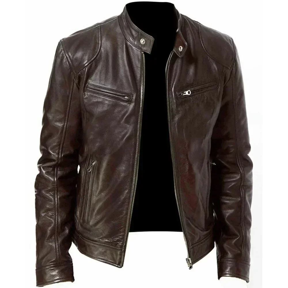 2024 Leather Motorcycle Jacket Men Stand Collar Casual Slim Short-Coat PU Jacket Autumn Winter Windproof Leather Coat Blazer Men