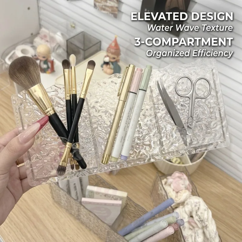 Water Ripple Texture Storage Tube 3-Grid Makeup Brush Pen Holder Lipstick Organizer Box Desktop Cosmetic Stationery Divided