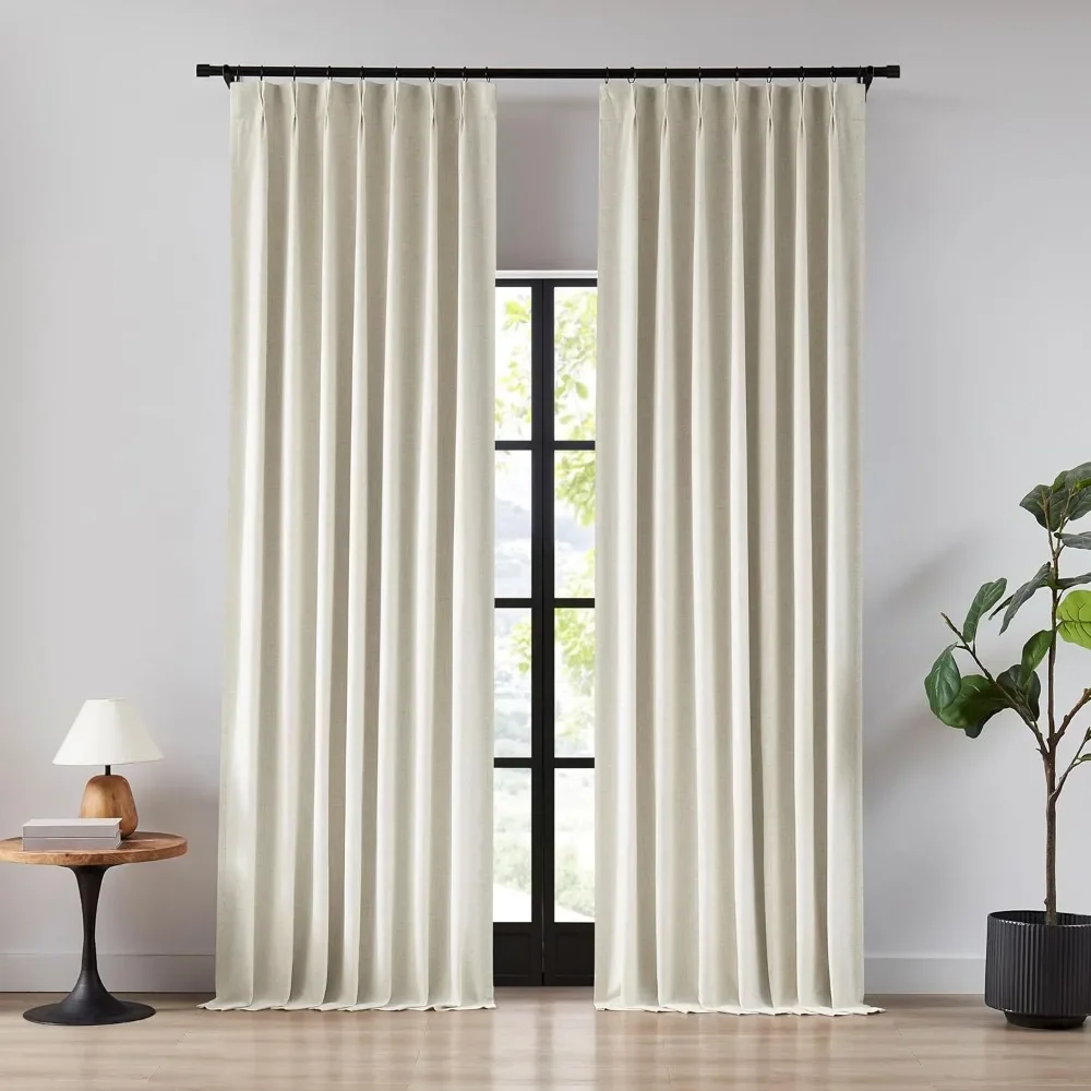 Linen Blended Full Blackout Pinch Pleat Window Curtians 108 Inch Insulated Drapes Back Tab with 2 Panels Natural 40