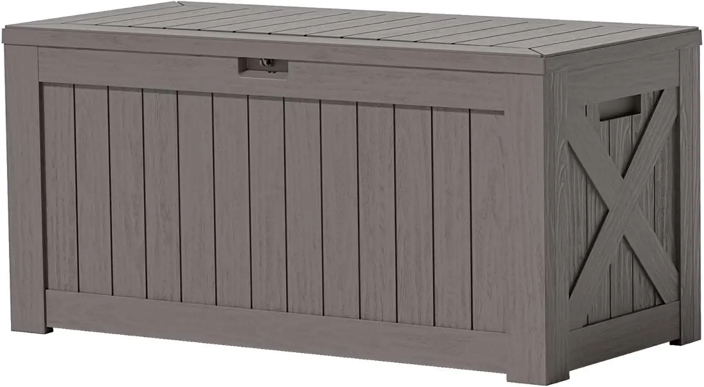 120 Gallon Large Deck Box, Outdoor Lockable Storage Box for Gardening Tools, Waterproof Deck Box for Patio Furniture, Brown