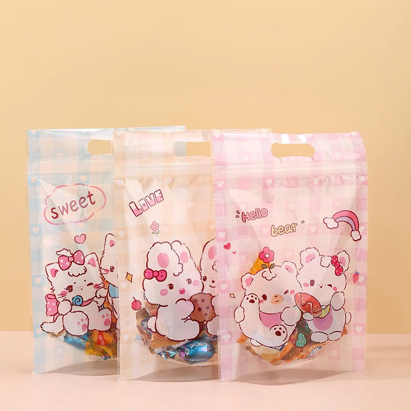 50pcs Cute Rabbit Elephant Nougat Candy Plastic Zipper Bags Cookie Gift Packaging Self Stand Biscuits Bags Baby Party Supplies