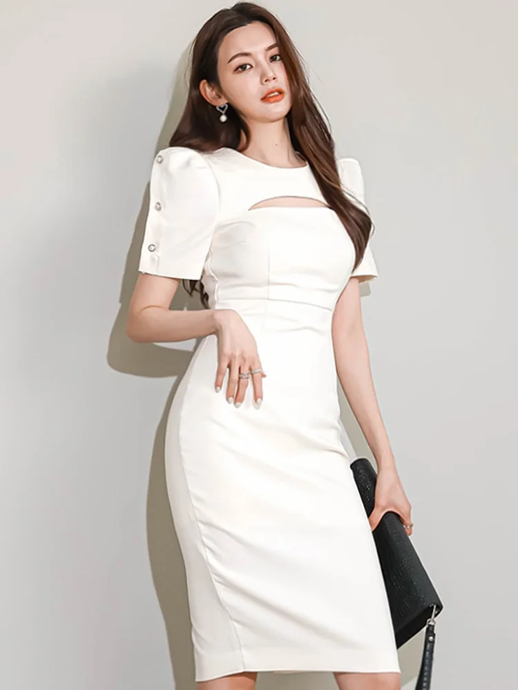 Elegant Party Dress White Summer Korean O-Neck Sexy Hollow Puff Sleeve Decorative Button OL Professional Office Lady Dress