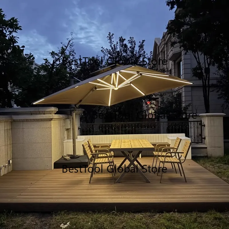 Outdoor parasol with solar lamp for use with patio umbrella and base