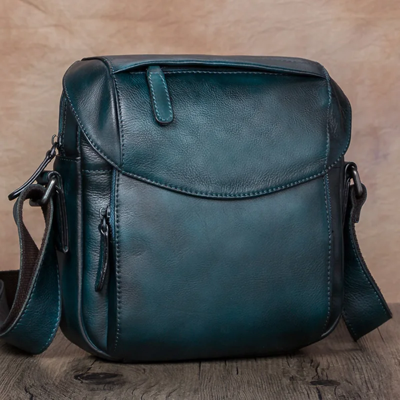 Men\'s Bag Small Men Shoulder Messenger Bags First Layer Cowhide Retro Casual Handmade Genuine Leather Vintage Soft Color Block