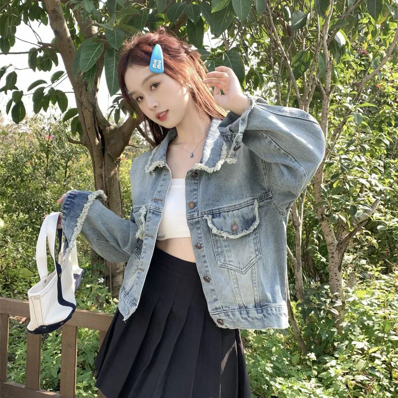 Women's Short Denim Jacket Spring Autumn Wool-Edged Casual Single-Breasted Loose Fit Streetwear Jeans Coat Top
