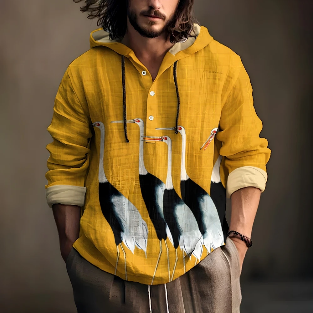 

New Spring and Autumn Men's Shirt Linen Fashion Casual Bamboo Hawaiian Style Printed Shirt Men's Top Long Sleeve Hooded Pullover