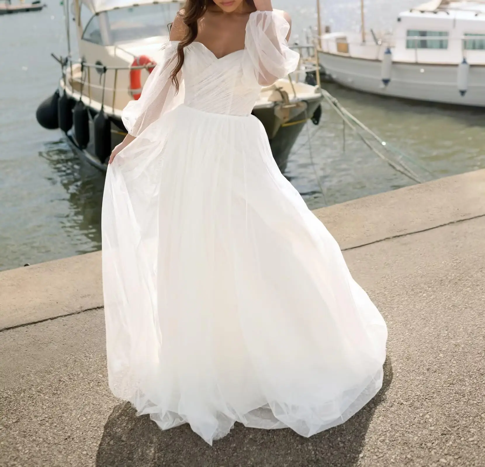 

Off Shoulder Wedding Dress for Bride Strapless A-Line Tulle Bridal Ball Gown with Corset