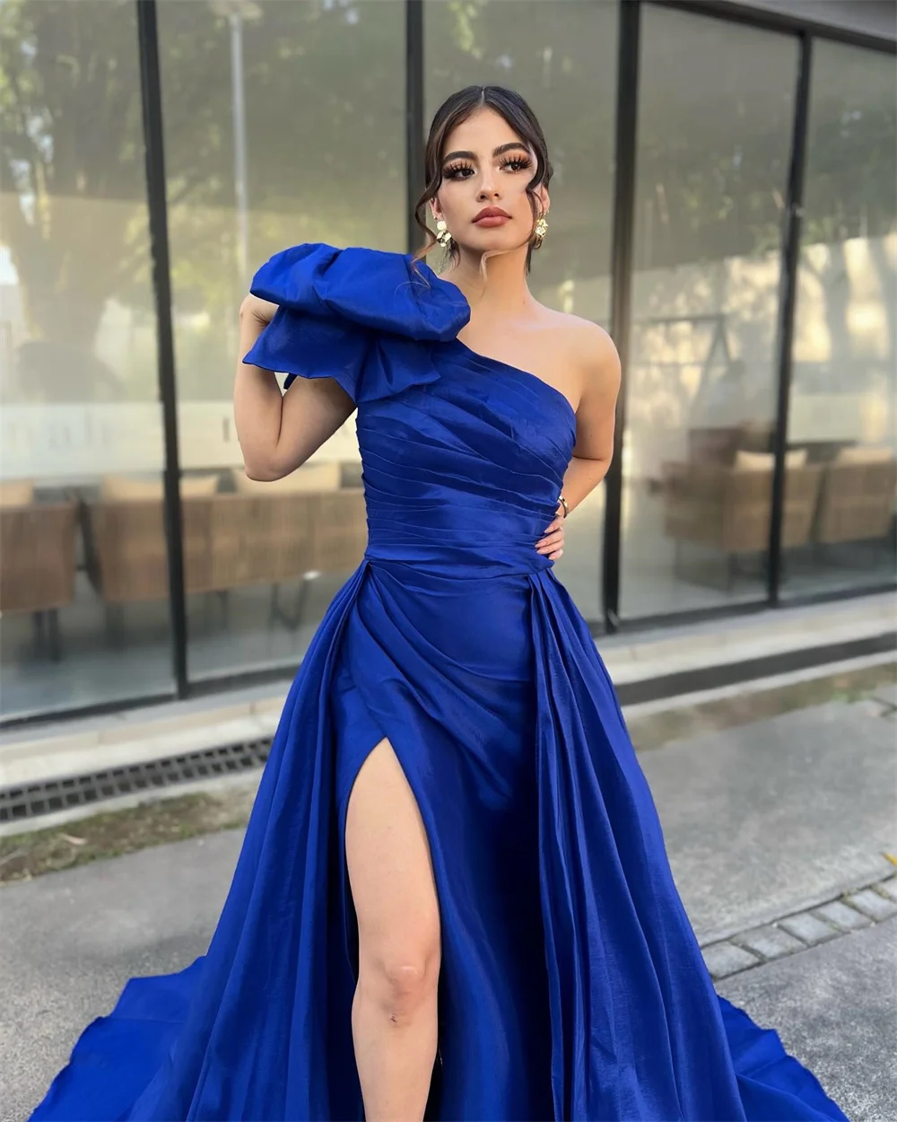 Sansa Blue One Shoulder Oversized Bow Prom Dress Trumpet Side High Split Customized Party Dress Court Train Evening Dresses