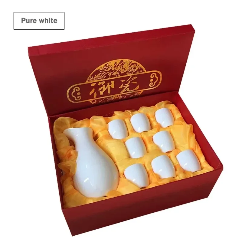 

9-Piece Set Ceramic Wine Cup Flagon Antique Wine Dispenser Sake Cup Wine Pot Combination Set Alcohol Bottle Gift Box Packaging