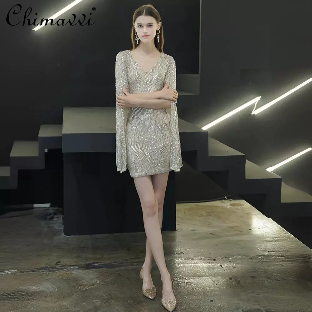 

Banquet Evening Dresses Women Summer 2025 Elegant Celebrity Shiny Sequins Sexy V-Neck Long Sleeve Slim Temperament Short Dress