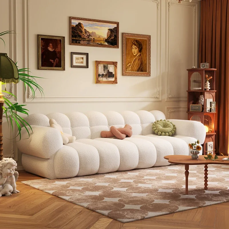 Multifunctional French retro green sofa, cotton candy, straight row cream style, small living room, piano keys, lamb plush sofa