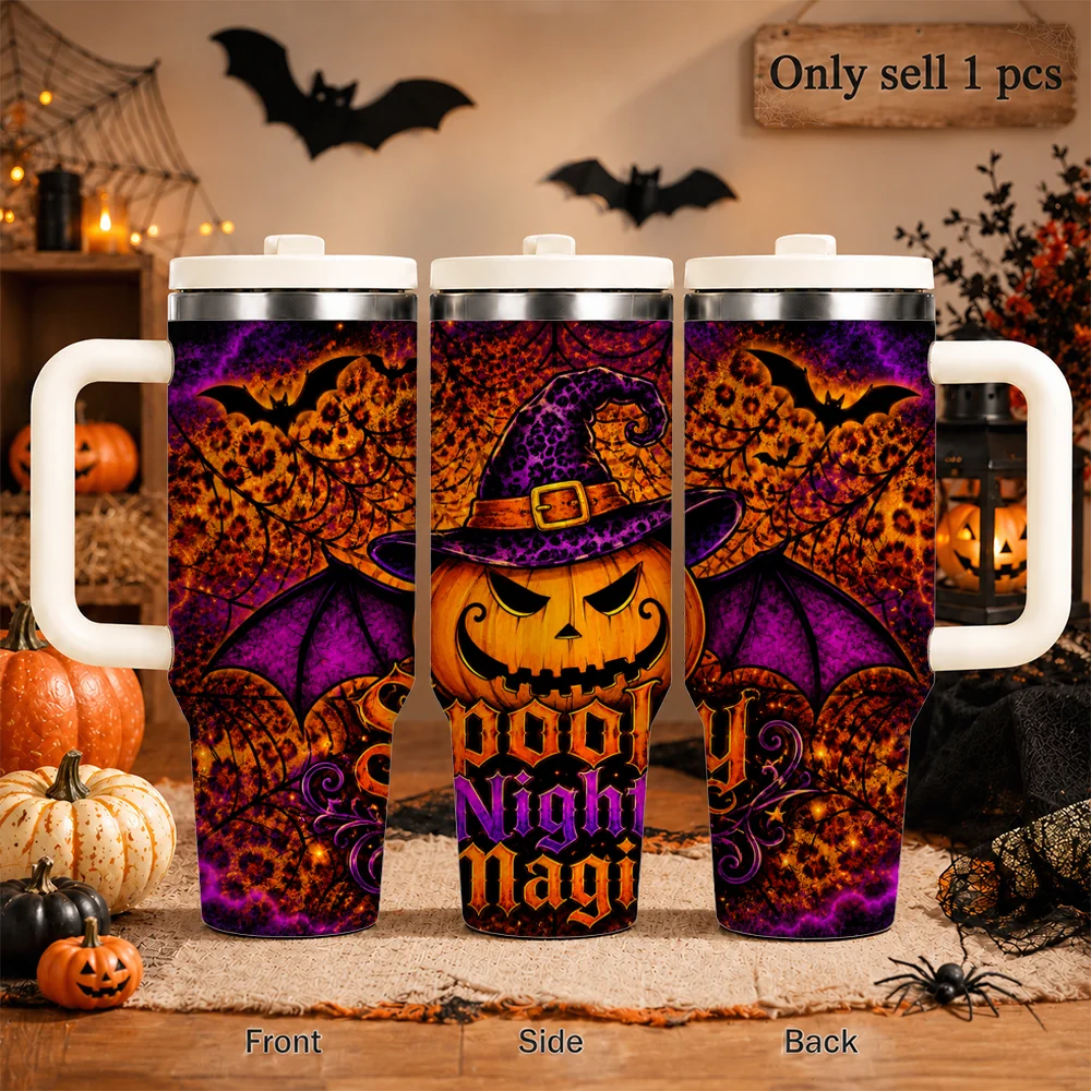 Witch Pumpkin Vacuum Flasks 40oz Leakproof Insulated Tumbler with Handle Straw Lid, Stainless Steel Travel Cup