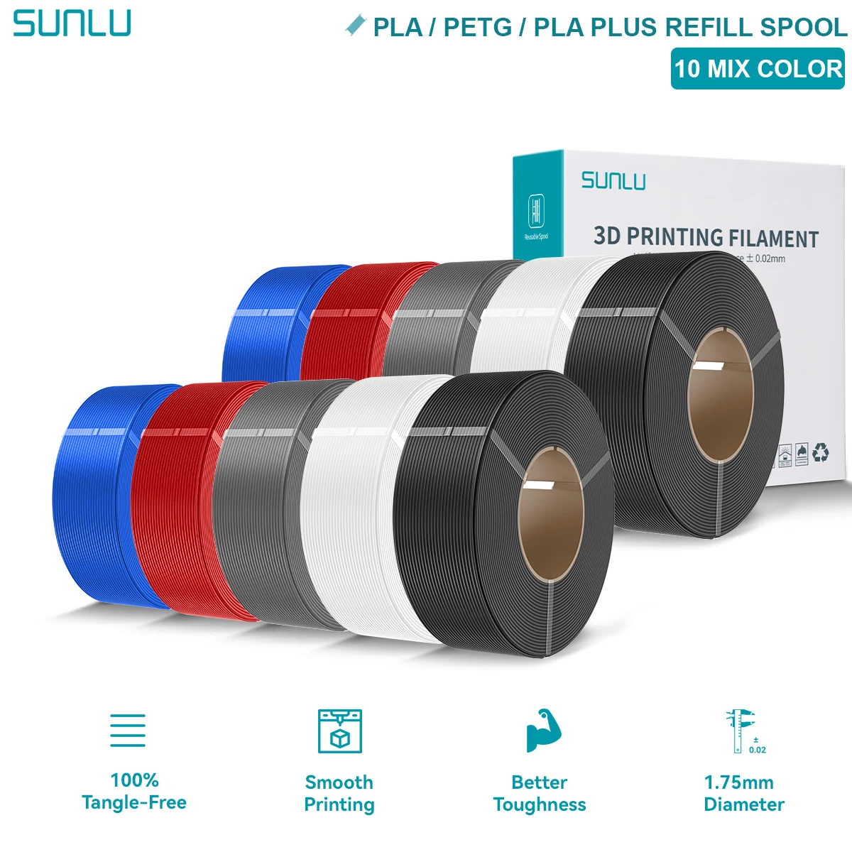SUNLU PLA/PETG/PLA PLUS 3D Filament Refill 1.75mm Recharge de Filament 3D Bien Enroulé en Lot pour Bobines Réutilisables de la Plupart des Marques 10KG
