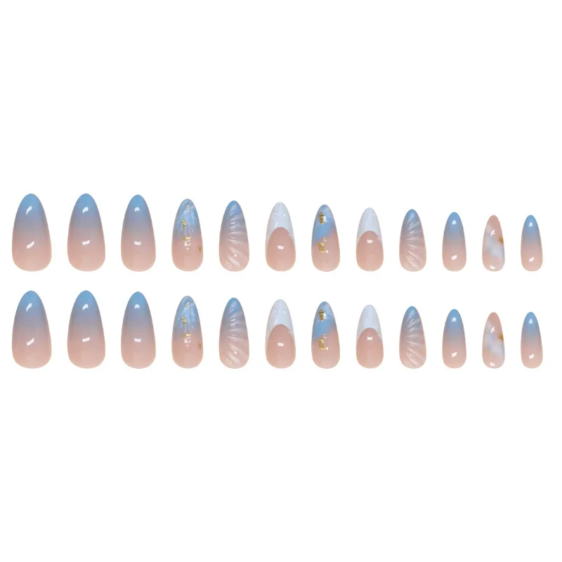 24pcs Ocean Fake Nails Long Almond Head Press On Nails Y2k False Nails 3D Crystal Stripe Decor Wearable Blue Gradient French Tip