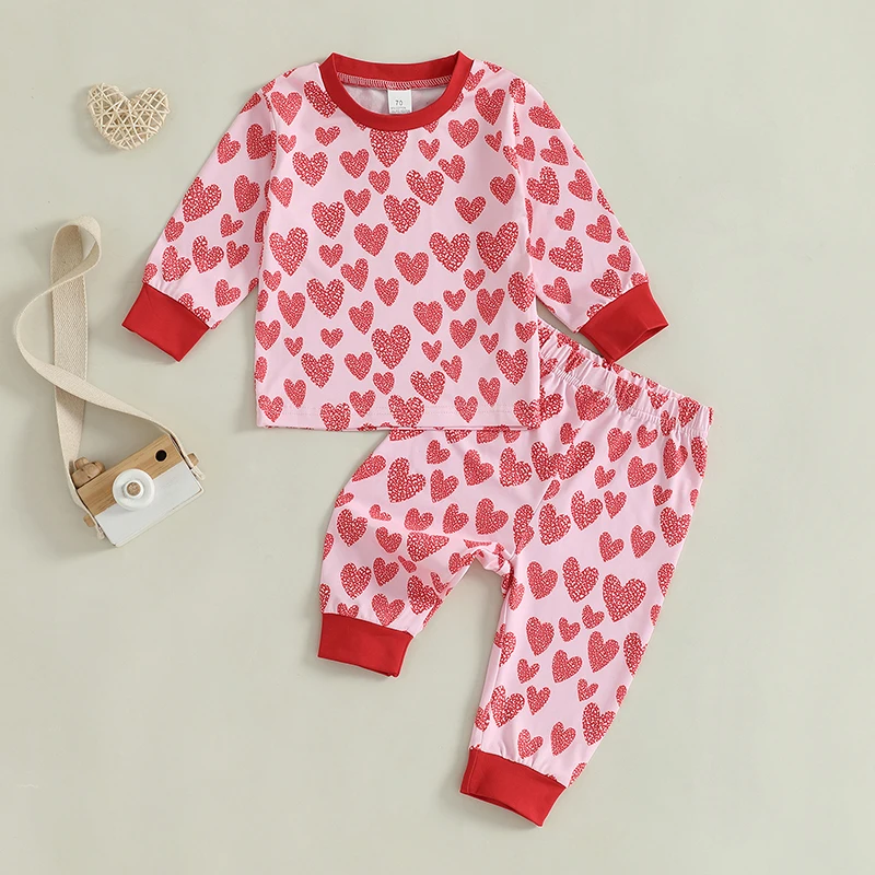 Toddler Valentine s Day Heart Print Crew Neck Long Sleeve Sweatshirt and Pants Set for Spring - 2 Piece Outfit