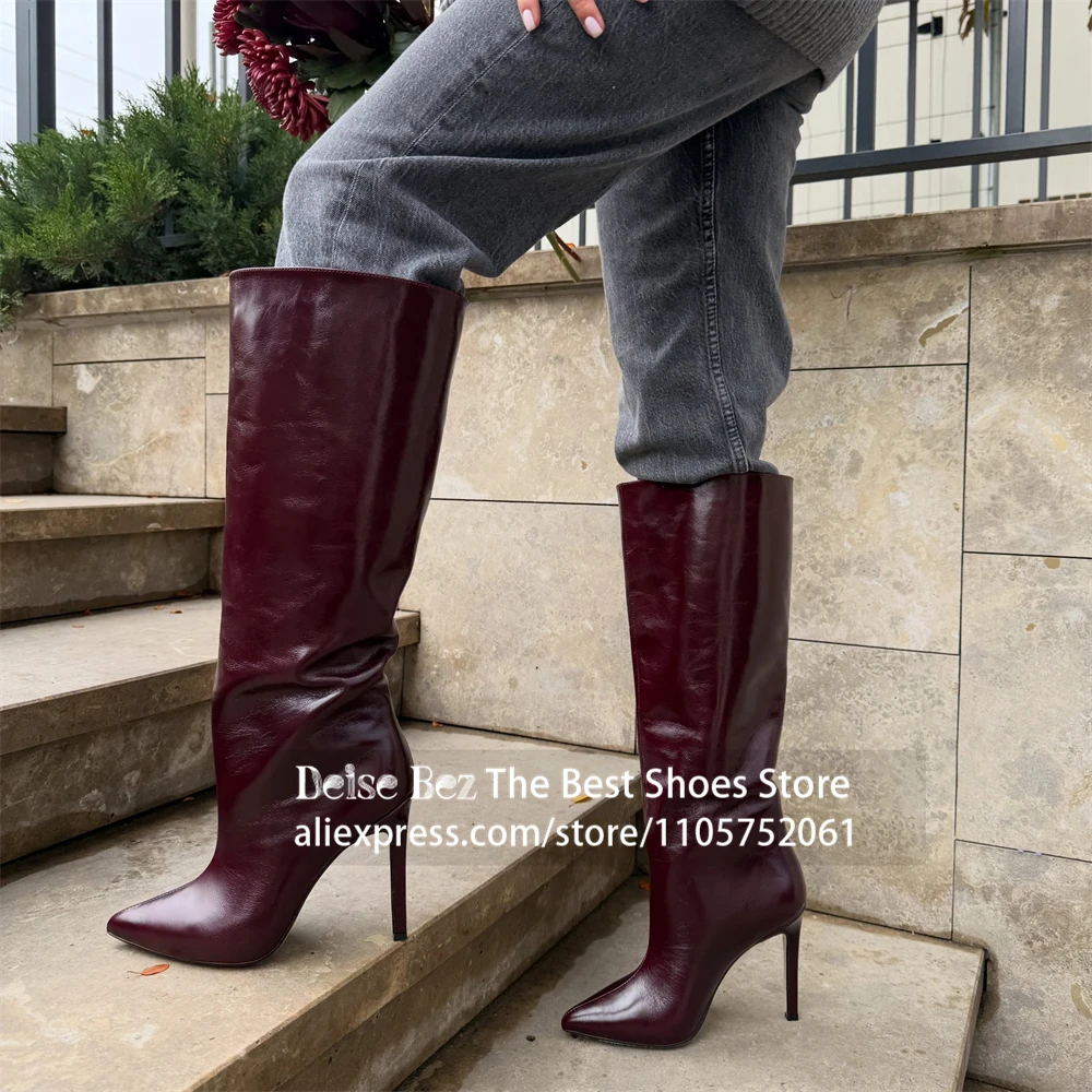 Burgundy PU Leather Knee Boots Customized Multicolor Slouchy Knee High Boots Wide Shaft Pull On Pointed Winter Stiletto Boots