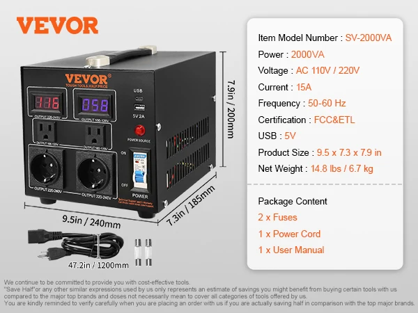 SucceBuy Spanningsomvormer Transformator 2000VA/3000VA/5000VA Zware Step Up/Down Transformator met US & EU Outlet 5V USB-poort